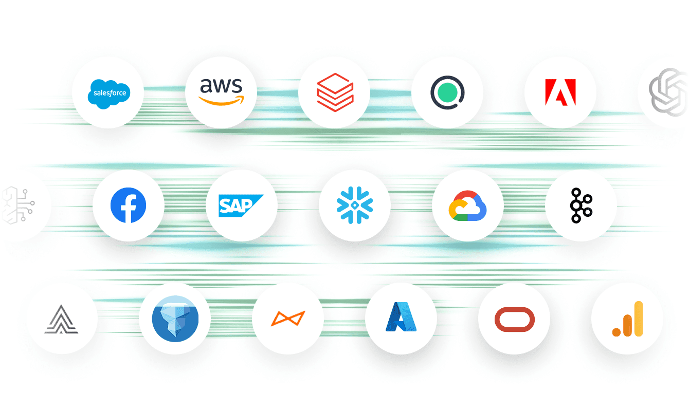 Grade com 15 ícones circulares representando logotipos de diversas empresas, incluindo Salesforce, AWS, Adobe, Facebook, SAP e Google Cloud, em frente a um fundo branco com riscos verdes.